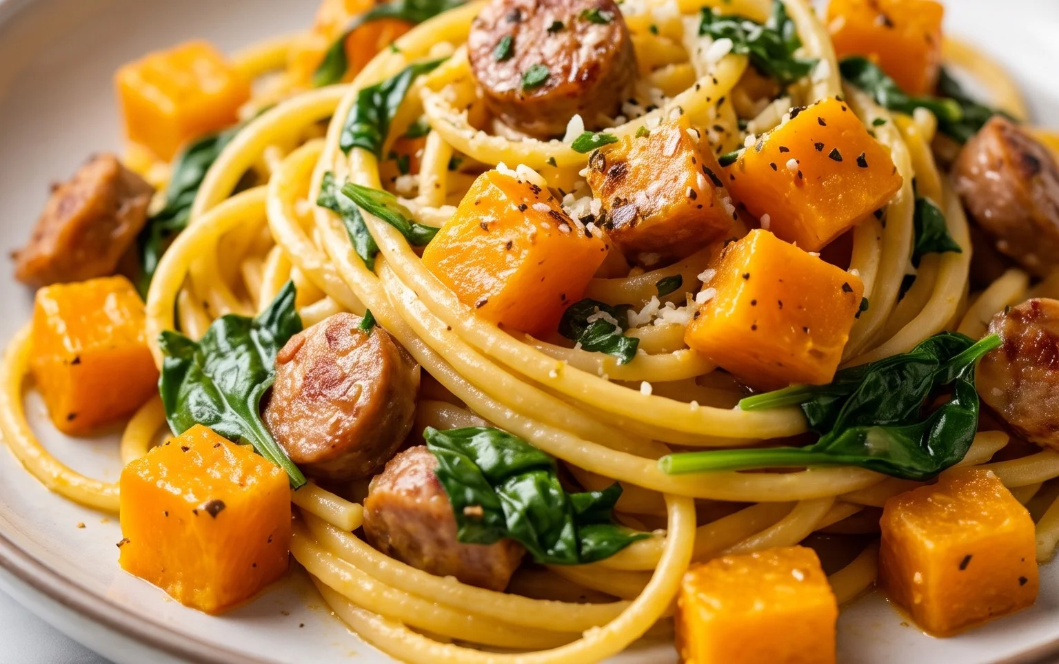 Creamy Roasted Butternut Squash Pasta with Sausage and Spinach